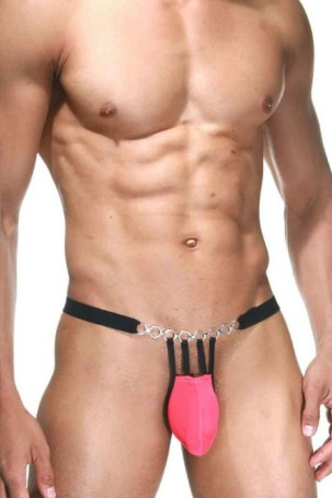 Розово-черные трусы-стринги с серебристыми кольцами - Артикул 320371