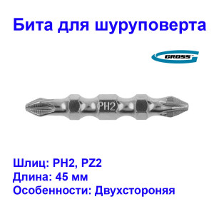 Набор бит двухсторонних, PH2-PZ2, 45 мм, сталь S2, 2 шт. Gross Набор бит двухсторонних, PH2-PZ2, 45 мм, сталь S2, 2 шт. Gross