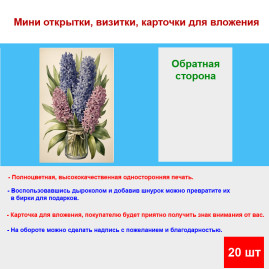 Мини открытка - карточка &quot;Букет гиацинтов с листьями в банке&quot;, бирка для подарков, односторонние, 20 шт