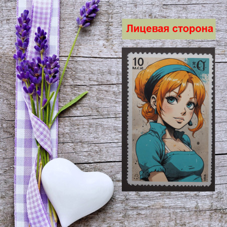 Мини открытка - карточка "Почтовая марка, девушка с рыжими волосами", бирка для подарков, односторонние, 20 шт - Артикул 210089