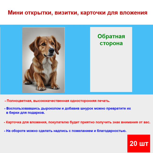 Мини открытка - карточка "Милый Бастер", бирка для подарков, односторонние, 20 шт - Артикул 210204