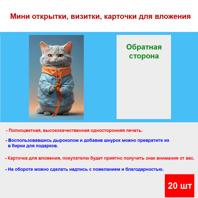 Мини открытка - карточка "Модный котенок в куртке", бирка для подарков, односторонние, 20 шт - Артикул 210078