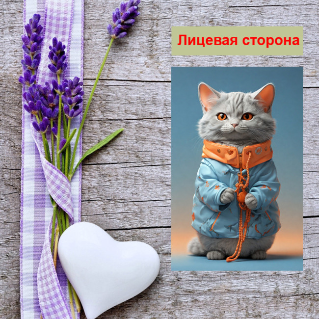 Мини открытка - карточка "Модный котенок в куртке", бирка для подарков, односторонние, 20 шт - Артикул 210078