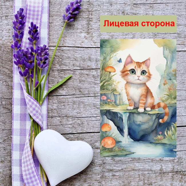Мини открытка - карточка "Рисованный котенок с грибами", бирка для подарков, односторонние, 20 шт - Артикул 210186