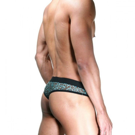 Черно-голубые трусы-тонги с леопардовым принтом - Артикул 409511