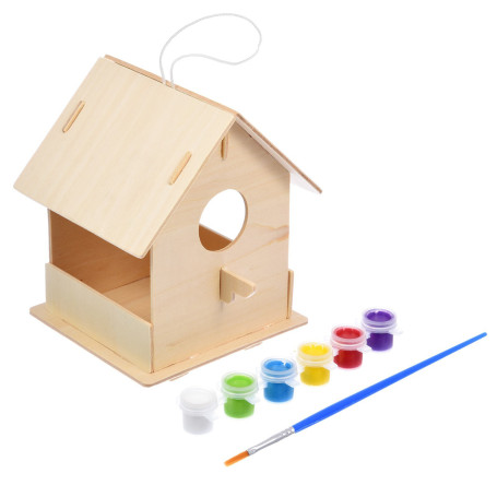 Кормушка для птиц 12,5 x 12,5 x 16 см, сборная, деревянная, с красками и кисточкой - Артикул 216289