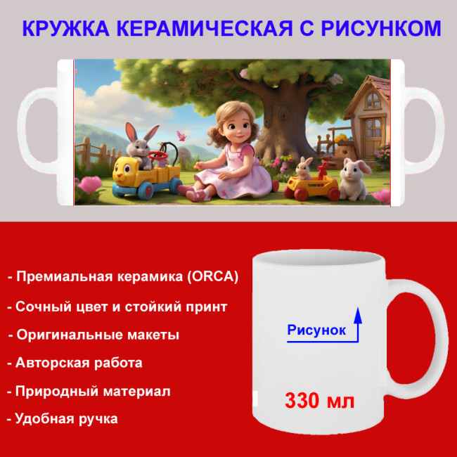 Кружка премиум с принтом "Девочка с зайцами, мультипликация", авторский дизайн, 330 мл, белая, Orca, 1 шт, 200021 - Артикул 200021