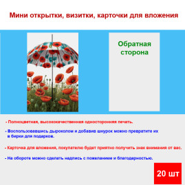 Мини открытка - карточка &quot;Зонт в поле с маками&quot;, бирка для подарков, односторонние, 20 шт