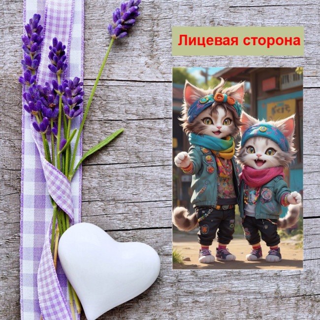 Мини открытка - карточка "Две кошки модницы", бирка для подарков, односторонние, 20 шт - Артикул 210105