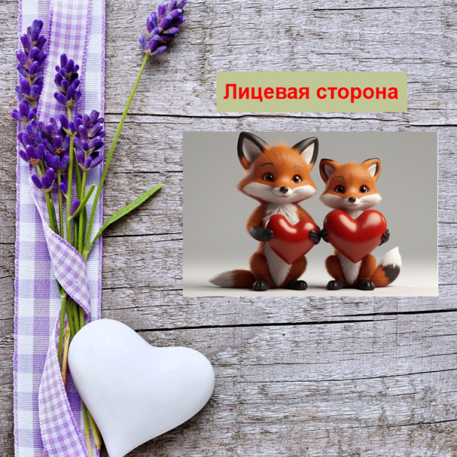 Мини открытка - карточка "Две лисички с сердечками", бирка для подарков, односторонние, 20 шт - Артикул 210119