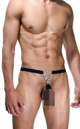 Пикантные мужские трусы-стринги с серебристыми кольцами - Артикул 371660