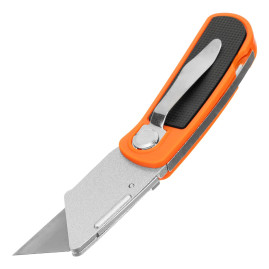 Нож, 19 мм, складной, пластиковая двухкомпонентная рукоятка, сменное трапециевидное лезвие, 5 лезвий