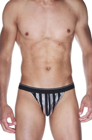 Черные мужские трусы-тонги в серебристую полоску - Артикул 420383