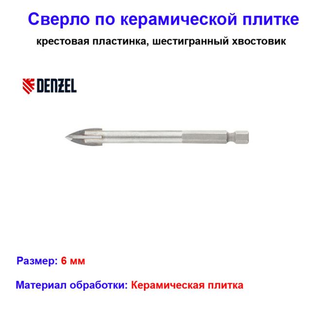 Сверло по керамической плитке 6 мм, крестовая пластинка, шестигранный хвостовик - Артикул 7280512