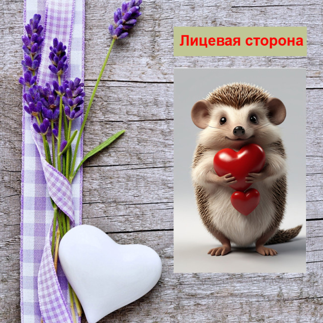 Мини открытка - карточка "Ёжик с двумя сердечками", бирка для подарков, односторонние, 20 шт - Артикул 210047