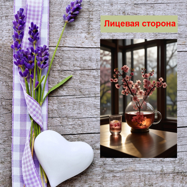 Мини открытка - карточка "Сакура с чашкой чая", бирка для подарков, односторонние, 20 шт - Артикул 210184