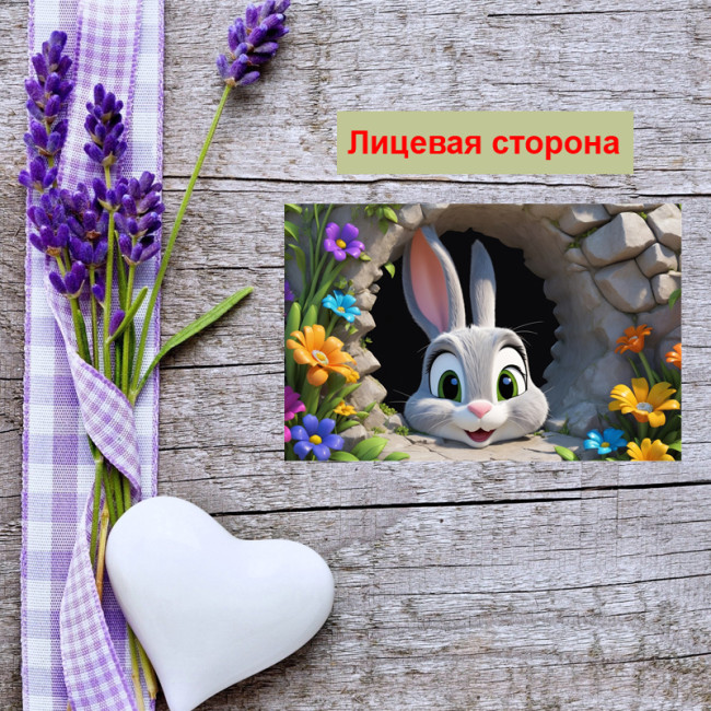 Мини открытка - карточка "Заяц, мульт в норе", бирка для подарков, односторонние, 20 шт - Артикул 210135