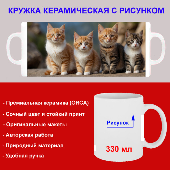 Кружка премиум с принтом "Четыре кота", авторский дизайн, 330 мл, белая, Orca, 1 шт, 200040 - Артикул 200040