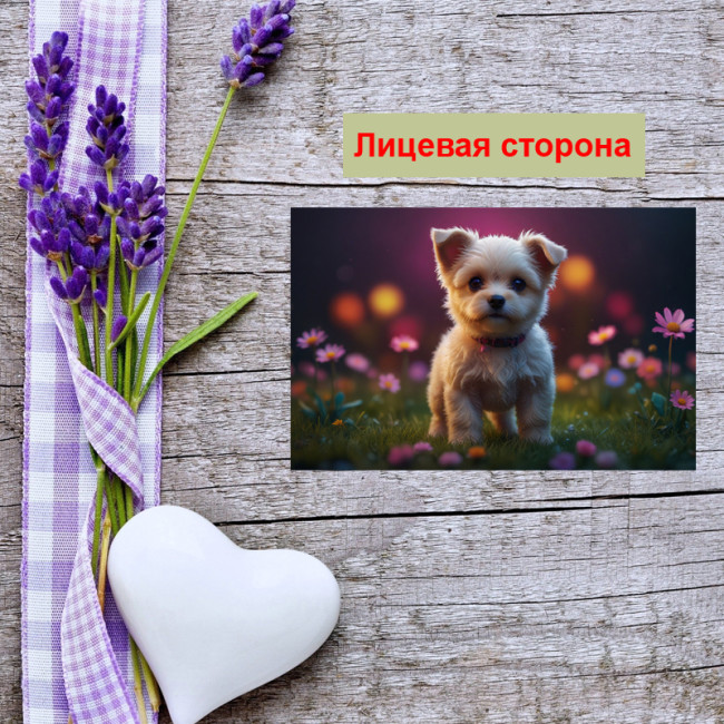 Мини открытка - карточка "Изящный щенок на полянке с цветами", бирка для подарков, односторонние, 20 шт - Артикул 210118