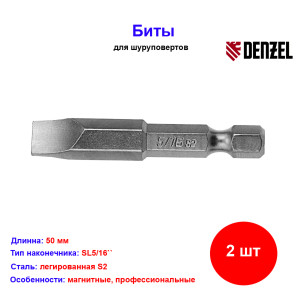 Набор бит SL5/16" x 2", сталь S2, 2 шт. Denzel Набор бит SL5/16" x 2", сталь S2, 2 шт. Denzel