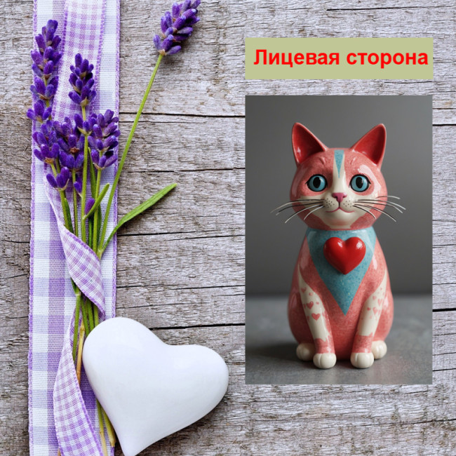 Мини открытка - карточка "Керамический кот с сердечком", бирка для подарков, односторонние, 20 шт - Артикул 210088