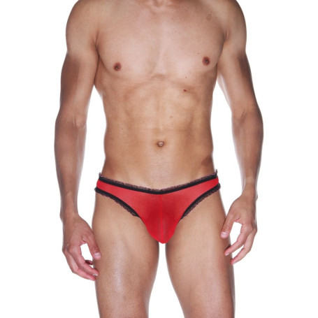 Мужские красные трусы-бразилиана с черной рюшевой отделкой - Артикул 423084
