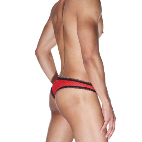 Мужские красные трусы-бразилиана с черной рюшевой отделкой - Артикул 423084