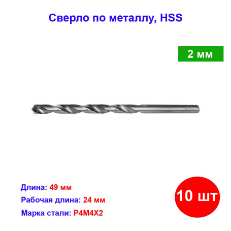 Сверло по металлу, 2 мм, полированное, HSS, 10 шт, цилиндрический хвостовик - Артикул 7152012