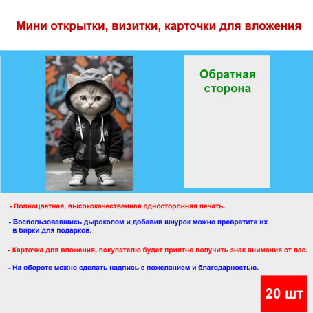 Мини открытка - карточка "Котенок в худи", бирка для подарков, односторонние, 20 шт - Артикул 210099