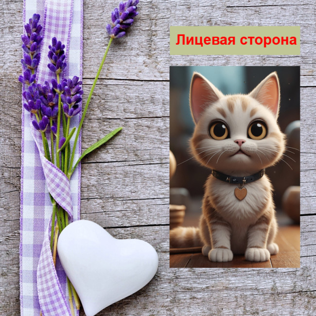 Мини открытка - карточка "Котенок с кулоном в виде сердечка", бирка для подарков, односторонние, 20 шт - Артикул 210031