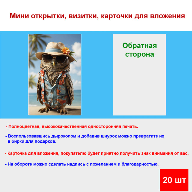 Мини открытка - карточка "Сова на пляже", бирка для подарков, односторонние, 20 шт - Артикул 210195