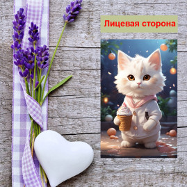 Мини открытка - карточка "Кошка с мороженым, бирка для подарков, односторонние, 20 шт