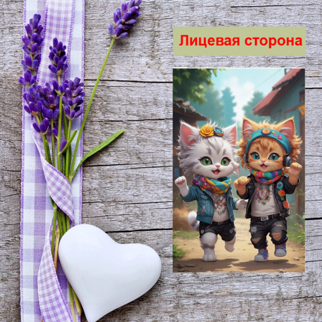 Мини открытка - карточка "Кошки модницы, в наушниках", бирка для подарков, односторонние, 20 шт - Артикул 210106