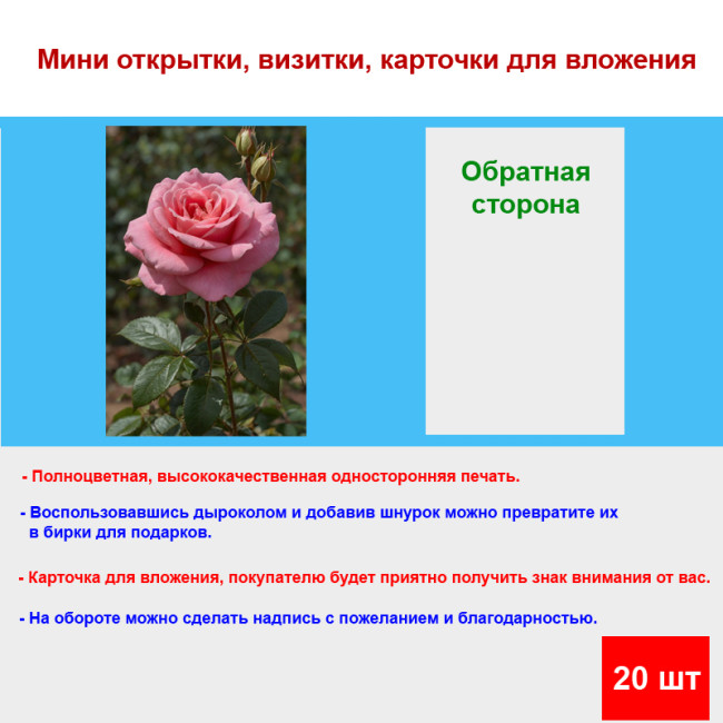 Мини открытка - карточка "Чайная, розовая роза", бирка для подарков, односторонние, 20 шт - Артикул 210094