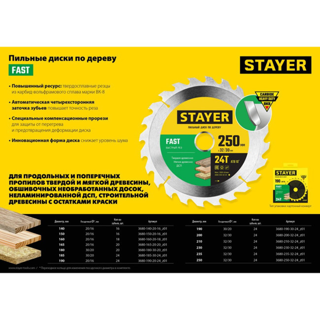 Пильный диск по дереву 160*16 мм 24 зуба Stayer - Артикул 160-16-24