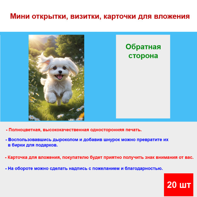 Мини открытка - карточка "Белая мальтийская собака", бирка для подарков, односторонние, 20 шт - Артикул 210214