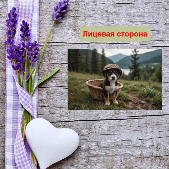 Мини открытка - карточка "Темный пес в шляпе и корзинке", бирка для подарков, односторонние, 20 шт - Артикул 210138