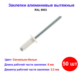Заклепки 3.2 х 8 мм RAL 9003, сигнально-белые, 50 шт