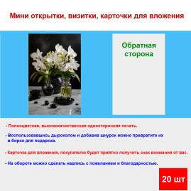Мини открытка - карточка &quot;Белые орхидеи в вазах&quot;, бирка для подарков, односторонние, 20 шт