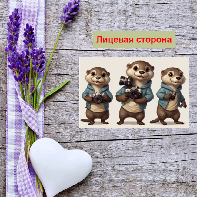 Мини открытка - карточка "Три бобра с фотоаппаратами", бирка для подарков, односторонние, 20 шт - Артикул 210237