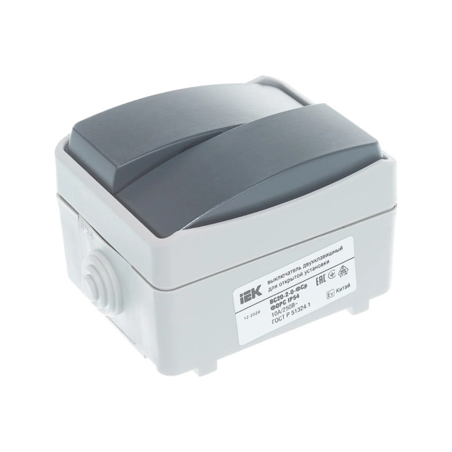 Выключатель двухклавишный, открытой установки, герметичный IP54, IEK ФОРС - Артикул EVS20-K03-10-54-DC