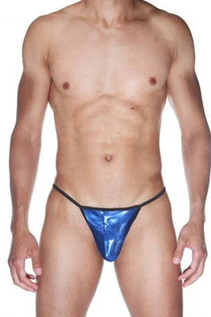 Синие блестящие трусы-стринги на тоненьких черных резинках - Артикул 398532