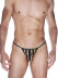 Мужские трусы-стринги из черной ткани в широкую золотую полоску - Артикул 423489