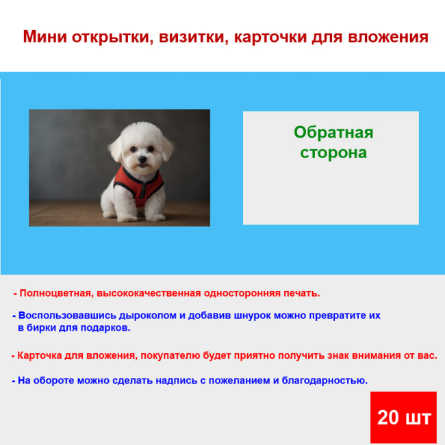 Мини открытка - карточка "Белый пес в красном костюме", бирка для подарков, односторонние, 20 шт - Артикул 210137
