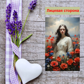 Мини открытка - карточка &quot;Девушка в поле с маками&quot;, бирка для подарков, односторонние, 20 шт